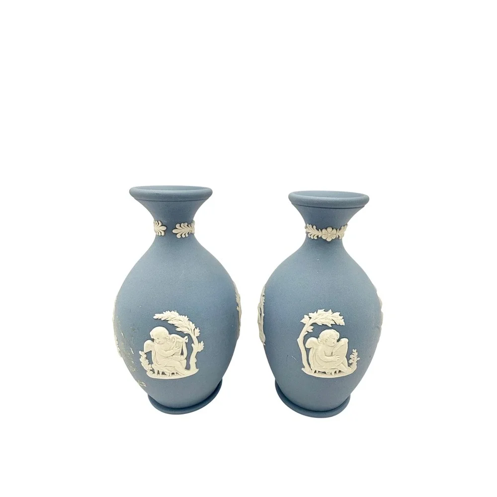 Vintage Wedgwood Blue Jasperware Bud Vases Pair White Cherub Relief Neoclassical